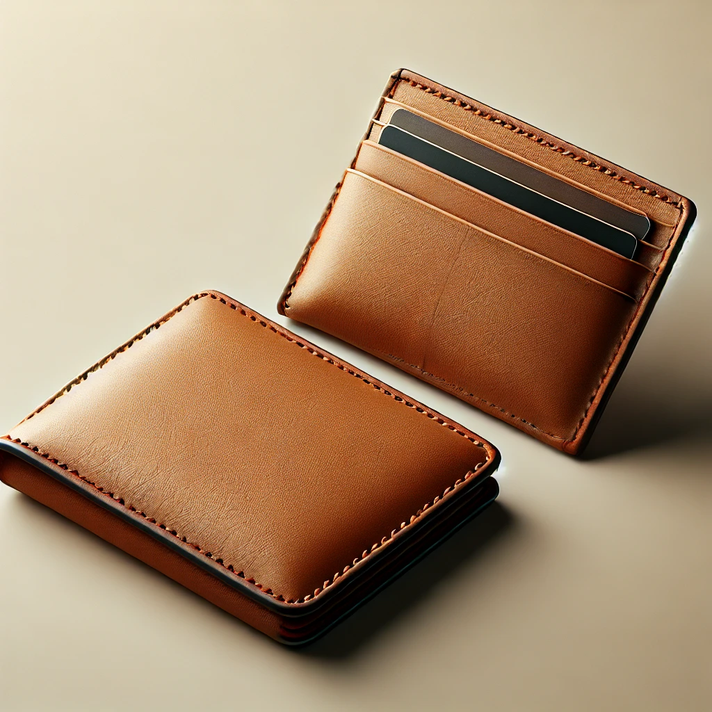 Hakiki deri kartlık ve cüzdanın sade, minimalist bir arka planda detaylı görüntüsü. Cüzdan ve kartlık, doğal deri dokusu, ince dikiş işçiliği ve dayanıklılığı ile dikkat çekiyor, sahte deri ürünlerden ayırt edici özellikleri sergiliyor